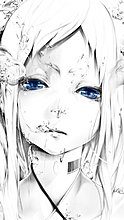 art_bouno_satoshi_girl_face_white_background_graphic_monochrome_blue_eyes_water_bubbles_barcode_.jpg